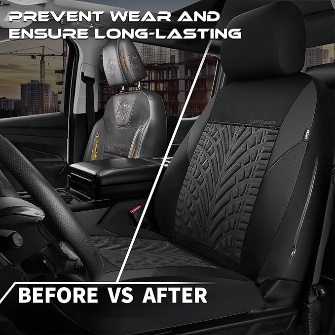 CAR PASS Neoprene Waterproof Seat Covers Full Sets, Wetsuit Car Seat Covers 5 Seats Universal Fit Vans, Truck, SUV, 3D Tyre E