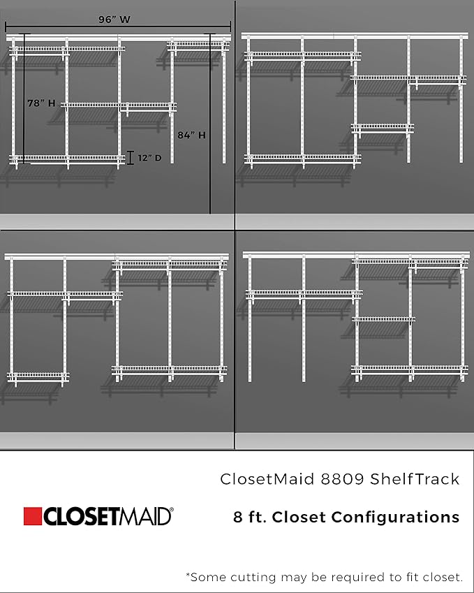 ClosetMaid ShelfTrack Wire Closet Organizer System, Adjustable from 5 to 8 Ft., with Shelves, Clothes Rods, Hardware, Durable