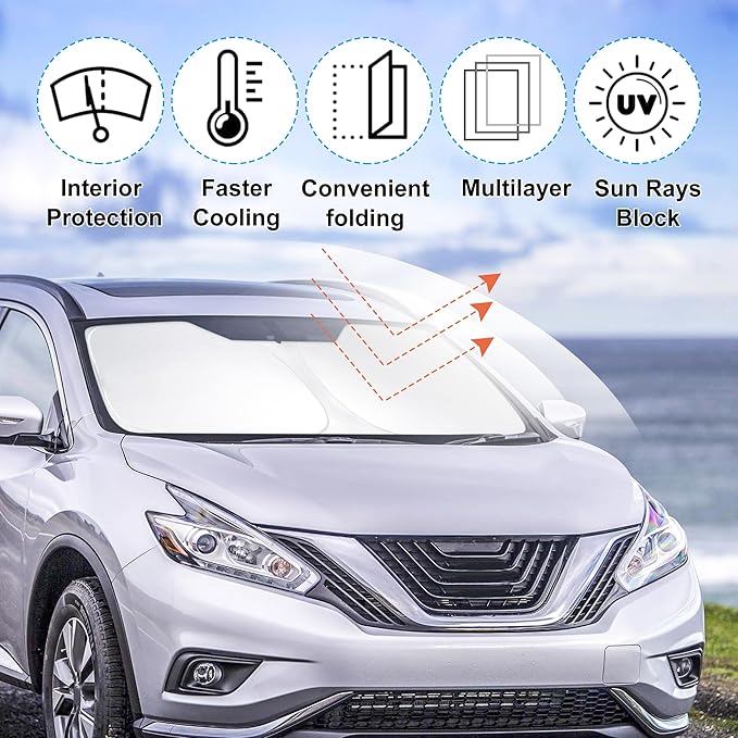 Front Windshield Sun Shade Foldable Car Front Window Sun Shade Windshield Shade Custom Fit for 2015-2024 Nissan Murano Block UV Rays Heat Keep Car Cooler