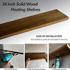 ROGMARS 36 Inches Long Walnut Floating Shelves,Rustic Solid Wood Farmhouse Wall Shelves with Invisible Brackets for Bathroom,