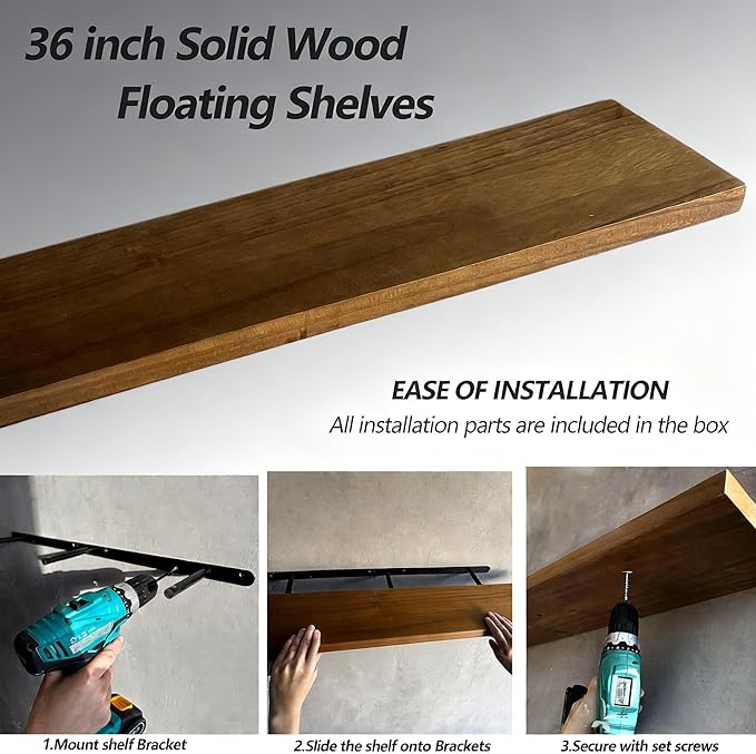 ROGMARS 36 Inches Long Walnut Floating Shelves,Rustic Solid Wood Farmhouse Wall Shelves with Invisible Brackets for Bathroom,