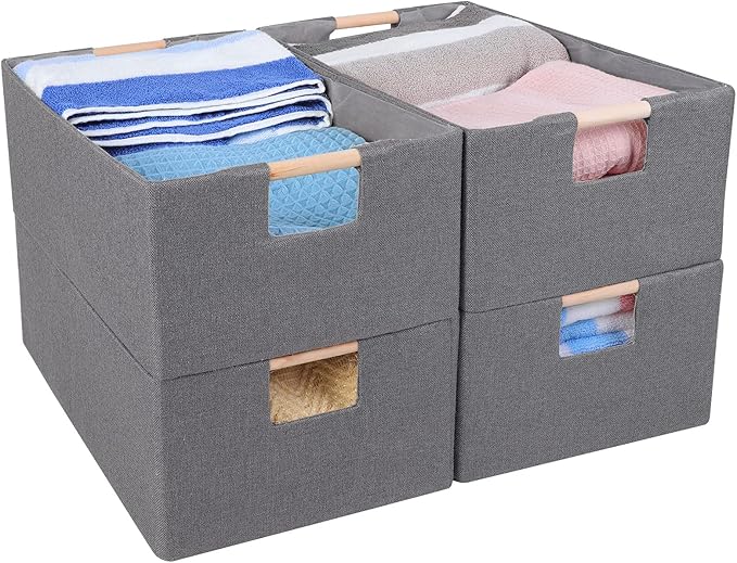 ANMINY 4PCS Storage Baskets for Organizing Collapsible Fabric Storage Bins Boxes with Wood Handles Closet Shelves Cube Organi