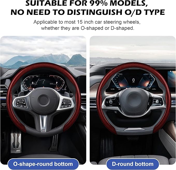 Frani Leather Steering Wheel Cover,Universal Fit 15 Inch-Premium Non-Slip Breathable Comfort Grip for Cars Trucks SUVs,Anti-Slip Durable Interior Upgrade Carbon Fiber Pattern (Red)