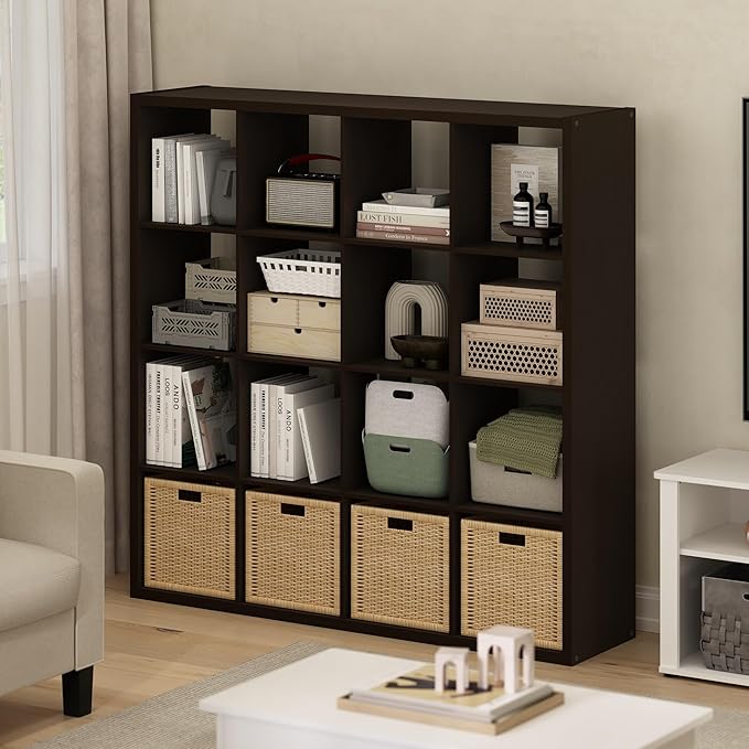 Furinno Cubicle Book Shelf, 16-Cube Bookshelf, Extra Thick Frame Reversible Bookcase with Open Back, 14.6" x 58" x 58", for L
