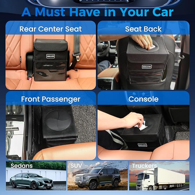 Beicarin Car Trash Can with Lid - Trash Bag Hanging with Storage Pockets Leak-Proof Organizer Collapsible and Portable Waterproof Garbage Bin, 2.2 Gallons Multipurpose Trash Bin for Car