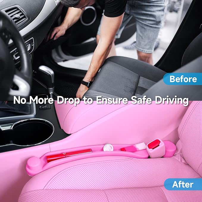 Car Seat Gap Filler Set of 2, 3IN1 Seat Side Gap Filler Plug with Storage Slot & Hook Function, Soft Foam Universal Fit Car SUV Truck Fill Gap Between Seats Console Organizer (Narrow Pink)