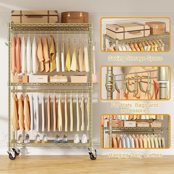 ULIFHOME P1 Rolling Clothes Rack, Portable Wardrobe Closet with Wheels, Heavy-Duty Closet Clothing Rack for Hanging Clothes, 