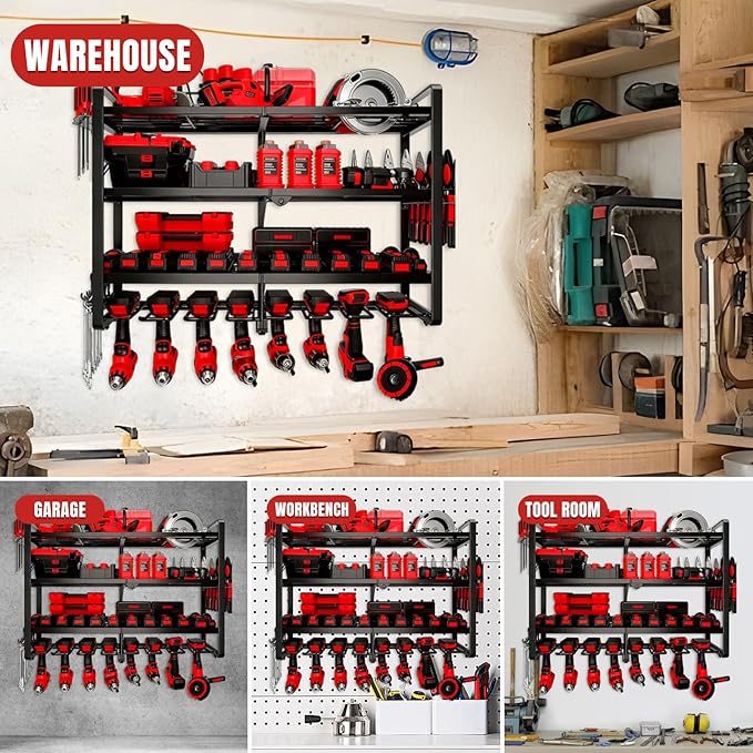 Large Power Tool Organizer Wall Mount, 4 Layer Heavy Duty 8 Cordless Drill Holder Tool Storage Rack, Load 400lbs Utility Powe
