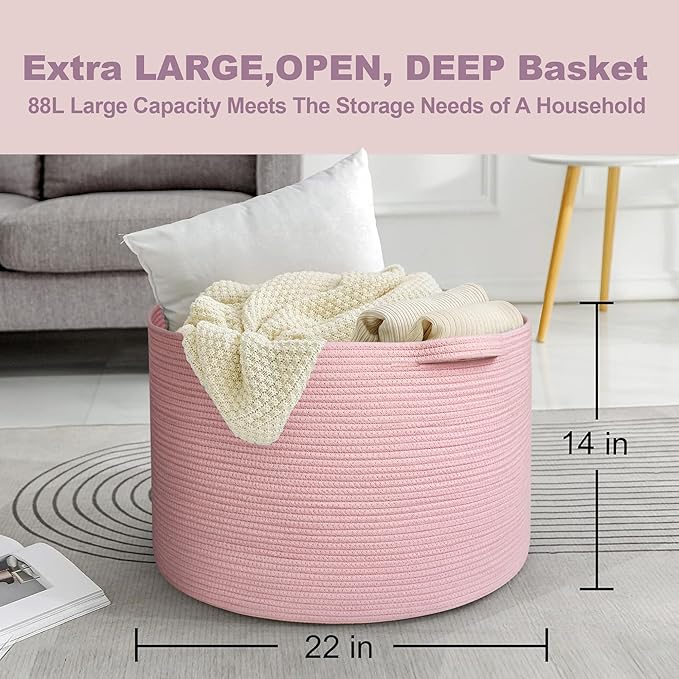 MEGASKET Extra Large Pink Basket, 22"x22"x14" Woven Cotton Rope Bin with Handles, Blanket Storage for Living Room, Baby Kids 