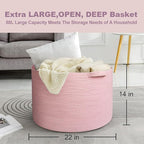 MEGASKET Extra Large Pink Basket, 22"x22"x14" Woven Cotton Rope Bin with Handles, Blanket Storage for Living Room, Baby Kids 