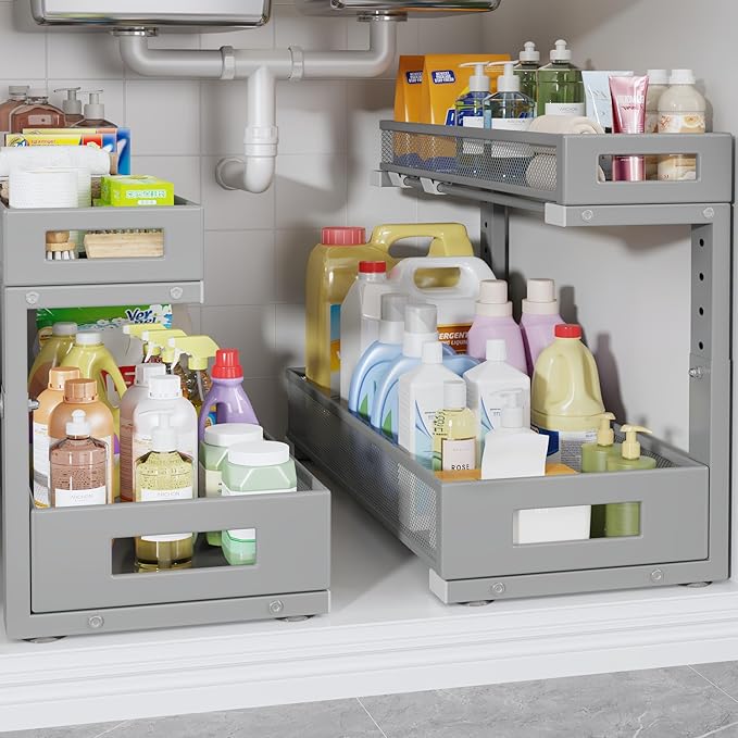 2 Pack 19IN Depth Under Sink Storage Organizer, Large 2-Tier Elegant Mesh Pull Out Shelf for Kitchen and Bathroom Cabinet Org