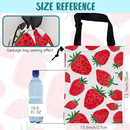 Car Garbage Bag Red Sweet Strawberry Drawstring Car Trash Bag Hanging for Back Seat with Adjustable Buckle Canvas Vehicle Trash Can Easy-to-Install