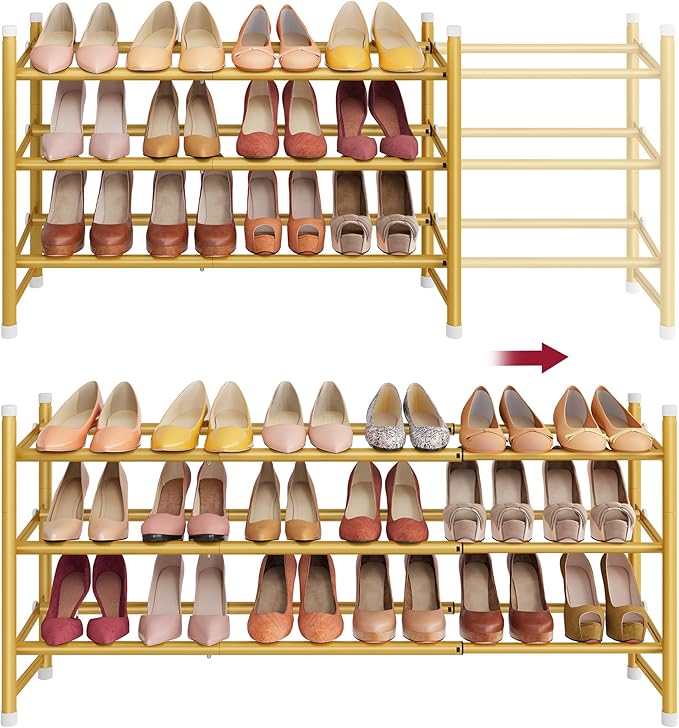Tajsoon Expandable Shoe Rack for Closet 3 Tier, 28“-41“Adjustable & Stackable Shoe Shelf Storage, Metal Shoe Rack Organizer f