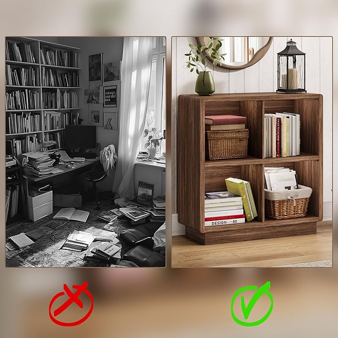 ChooChoo 4 Cube Storage Organizer, Wooden Bookcase with Storage, Cube Storage Bookshelf for Bedroom and Home Office, Brown Wa