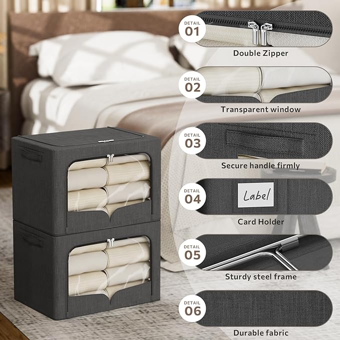 FHSQX 3 Pack Clothes Storage Bins Foldable Metal Frame Storage Box Stackable Linen Fabric Organizer Set with Carrying Handles