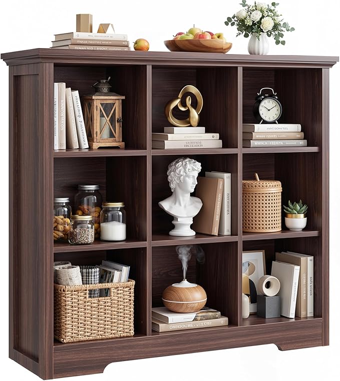 Aheaplus Wooden 9-Cube Storage Organizer with Charging Ports, Modern Cube Bookcase with Base, 4-Tier Floor Standing Open Cubb