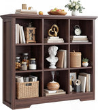 Aheaplus Wooden 9-Cube Storage Organizer with Charging Ports, Modern Cube Bookcase with Base, 4-Tier Floor Standing Open Cubb