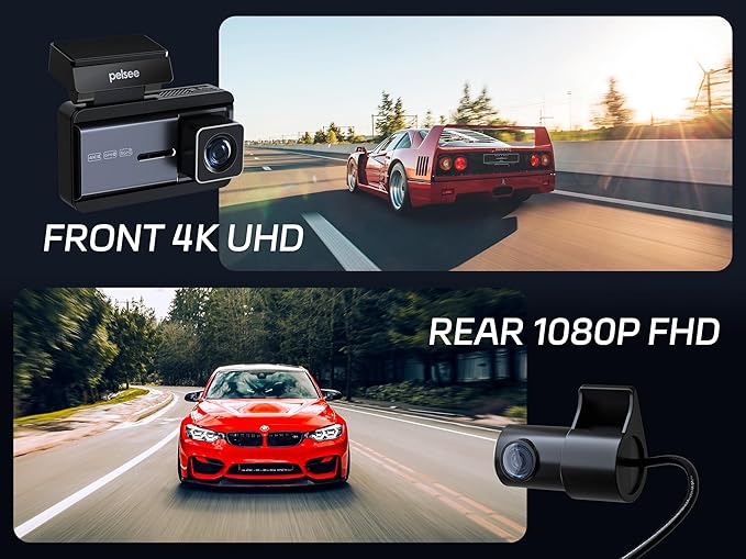 Pelsee 4K Dash Cam Front and Rear, 64GB SD Card, Dual Dash Camera for Cars with Wi-Fi, GPS, ADAS, BSD, LCA, 3’’ IPS Display C