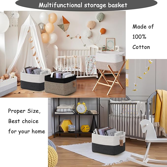 COMFY-HOMI Cotton Rope Woven Basket with Handles for Shelves,Toys,Book, Cloth Storage Baskets Bin for Organizing-13.5"x11"x9.