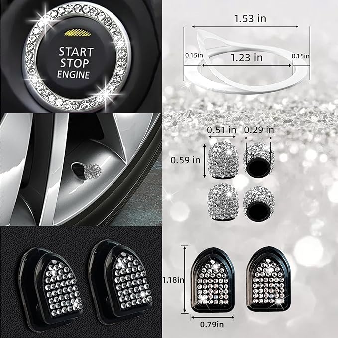NBTEPEM 30 Pcs Bling Car Accessories Set for Women, Silver Steering Wheel Cover Set, Bling Console Cover, Seat Belt Cushion, Shift Knob Cushion, Cup Holder Coaster, Rhinestone Car Hanging Accessories