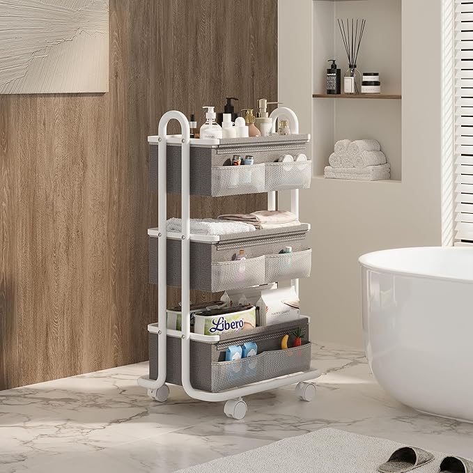 3-Tier Baby Diaper Caddy Organizer Cart, Mobile Nursery Storage Carts with Wheels, 3 Dividers & 6 Mesh Pockets Durable Metal 