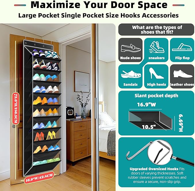 PAULONE 10-Pocket Multi-Use Over the Door Organizer, Heavy Duty 95lbs Capacity with Breathable Mesh, Versatile Hanging Storag