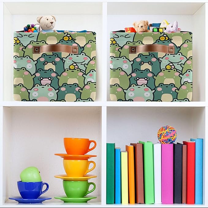 xigua Kawaii Frogs Storage Basket Collapsible Storage Bins Waterproof Canvas Storage Basket with Leather Handles for Home Clo