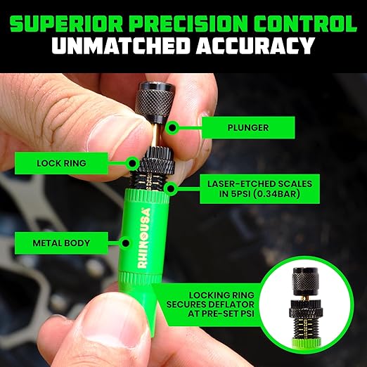 Rhino USA Adjustable Tire Deflator Kit (10-30 PSI) Ultimate Screw-on Automatic Tire Deflators for Offroad - Quick & Easy Air Down System for The Trails - Best Jeep Off Road Accessories (4-Pack) -Green