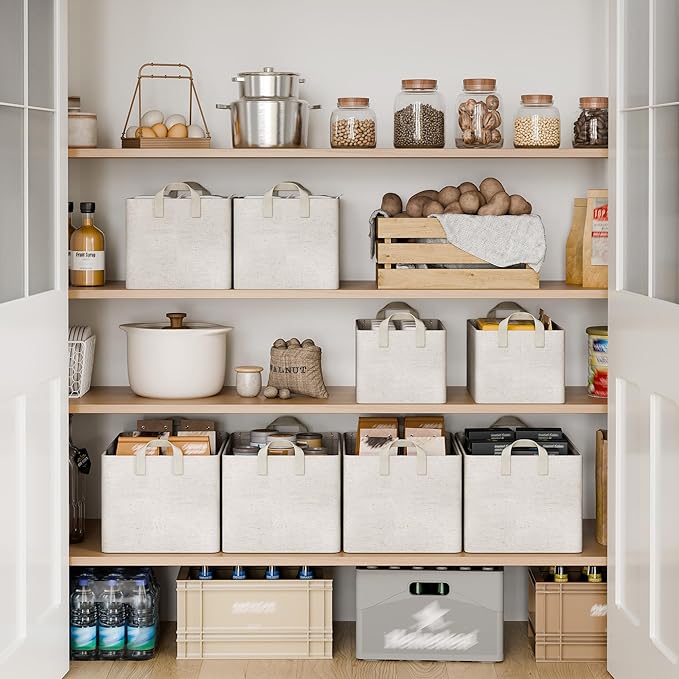 StorageWorks Storage Bins, Shelves Baskets for Organizing, Fabric Closet Organizers with Handles, Metal Frame, Beige-Cotton-l