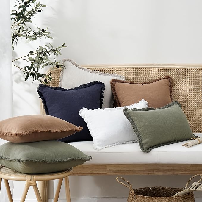 Foindtower Set of 2 Decorative Linen Fringe Lumbar Throw Pillow Covers Boho Farmhouse Cushion Cover with Tassels Soft Accent 
