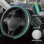 Road Comforts Leather Steering Wheel Cover – Black & Green Universal Fit 14.5-15 Inch, Microfiber Leather, Anti-Slip & Breath