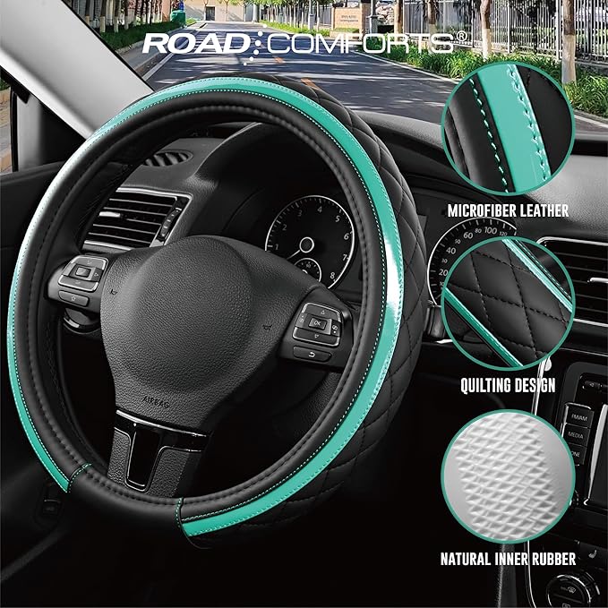 Road Comforts Leather Steering Wheel Cover – Black & Green Universal Fit 14.5-15 Inch, Microfiber Leather, Anti-Slip & Breath