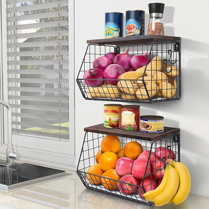 Mefirt 2pcs Fruit Basket Kitchen Storage Basket with Wood Lid, Stackable Wall Basket Fruit Basket for Kitchen, Countertop Org