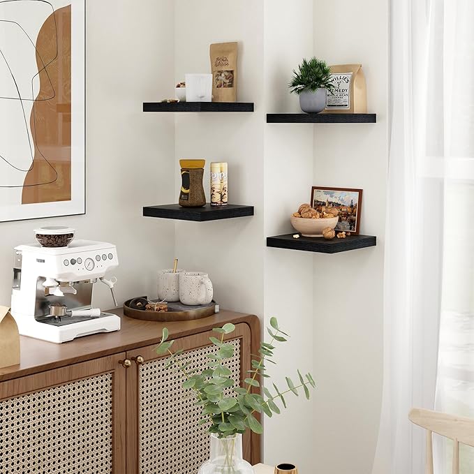 Fun Memories Floating Shelves for Wall - 9.3 Inch Square Shelves with Invisible Brackets, Black Small Wall Shelf for Living R