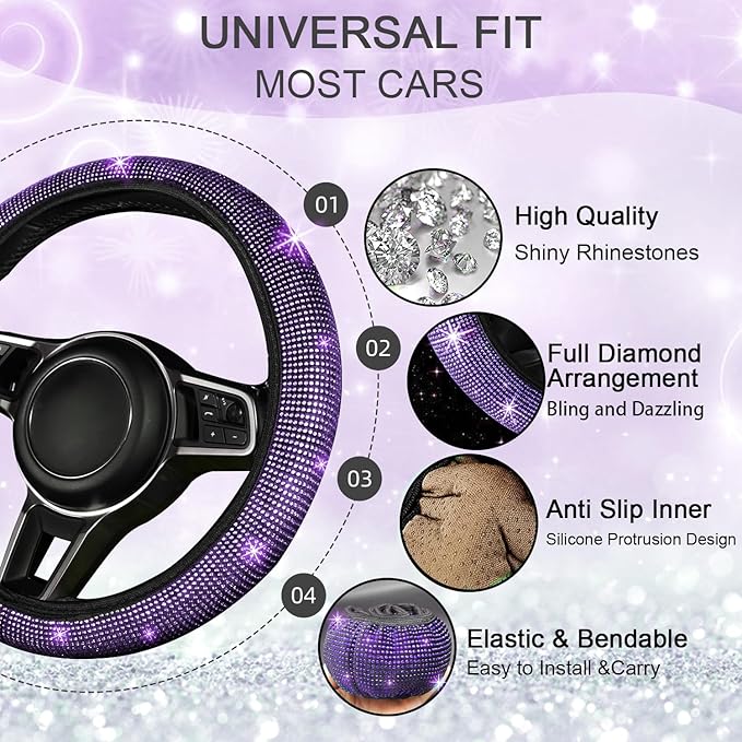 NBTEPEM Bling Car Floor Mats Full Set and Steering Wheel Cover, Universal Fit Most Cars, 4 pcs Sparkle Glitter Diamond Carpet, 5 pcs Bling Car Accessories Set for Women (Purple Violet Diamond)