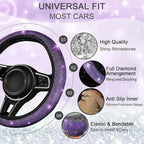 NBTEPEM Bling Car Floor Mats Full Set and Steering Wheel Cover, Universal Fit Most Cars, 4 pcs Sparkle Glitter Diamond Carpet, 5 pcs Bling Car Accessories Set for Women (Purple Violet Diamond)