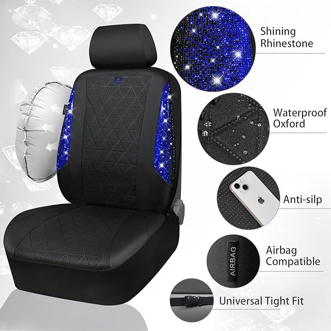 CAR PASS Oxford Bling Diamond Car Seat Covers 2 Front Interior Sets, Waterproof Shining Glitter Sparkly Crystal Universal Arm
