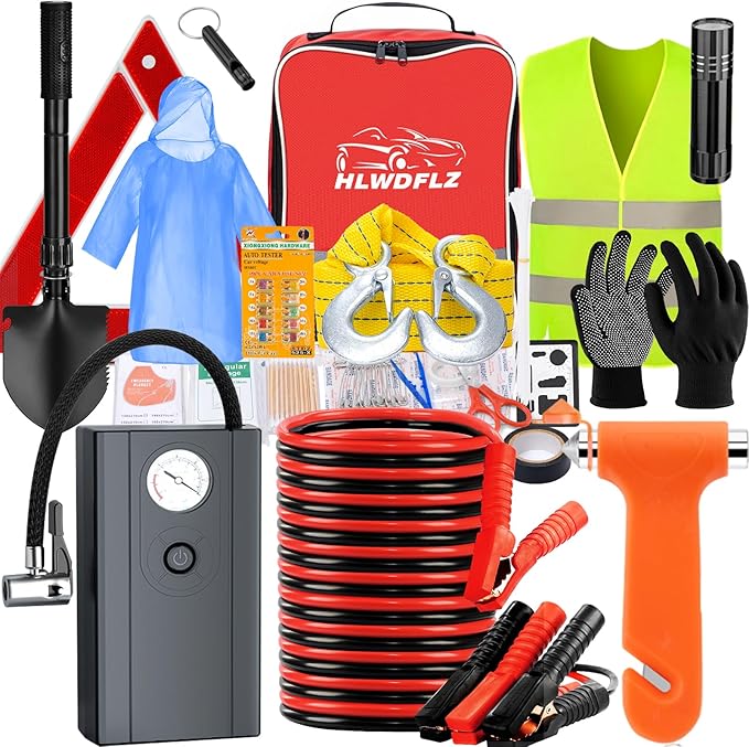Car Roadside Emergency Kit, Vehicle Truck Safety Emergency Road Side Assistance Kits with Jumper Cables, Red