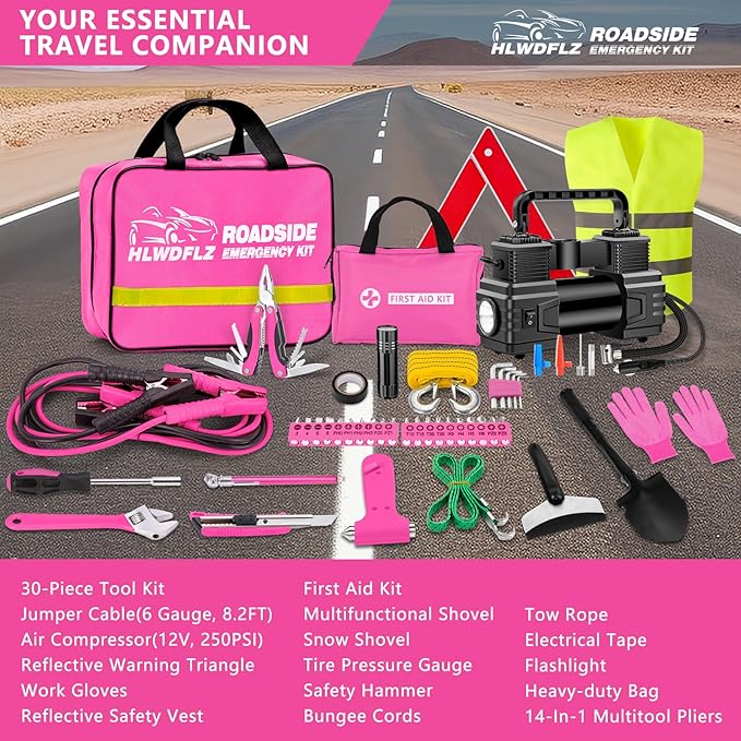 Car Emergency Kit with Portable Air Compressor - Roadside Assistance Emergency Kit with Jumper Cables, First Aid Kit, Auto To