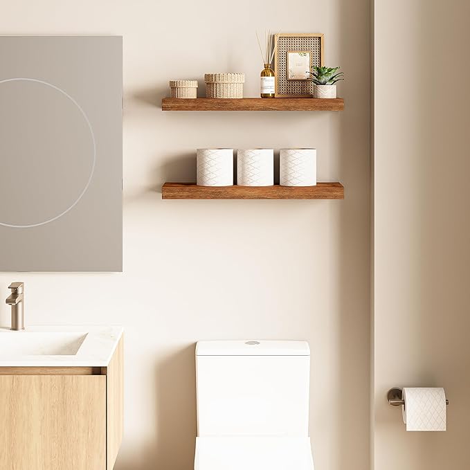 Ballucci Floating Shelves, 24" Wood Wall Shelf Set of 2, with Invisible Brackets for Bathroom, Living Room, Bedroom, Kitchen,