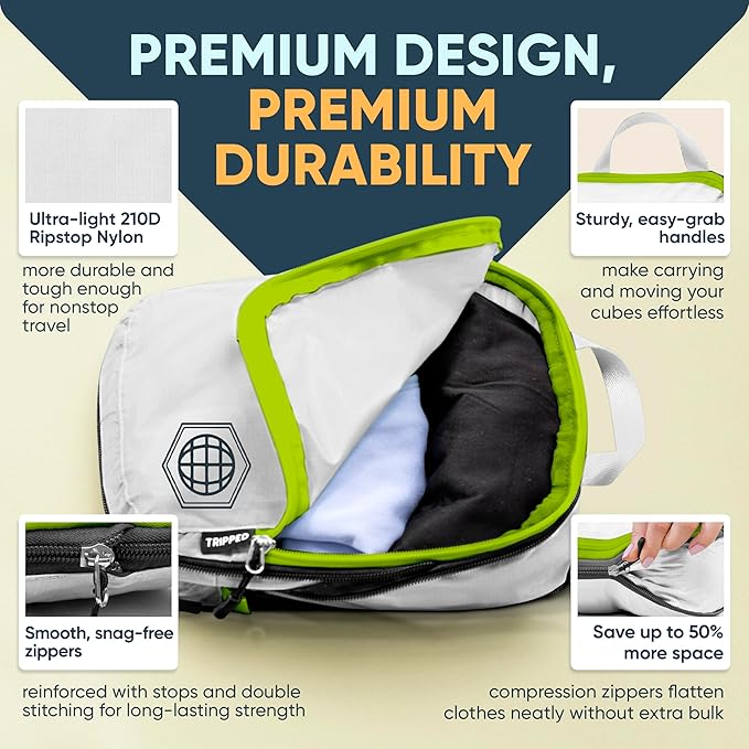 TRIPPED XL Compression Packing Cubes — 7-Piece Set for Checked Luggage | Extra-Large (15.7"×11"×4") + Large + Small + Tube + 