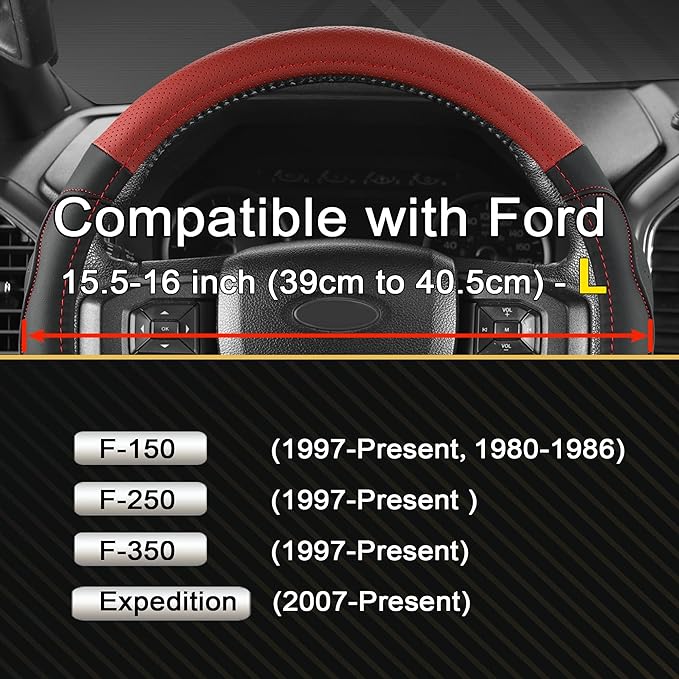 West Llama Car Steering Wheel Cover for Ford F-150, F-250, F-350, Expedition with 3D Texture (Black+Red-Large Size)