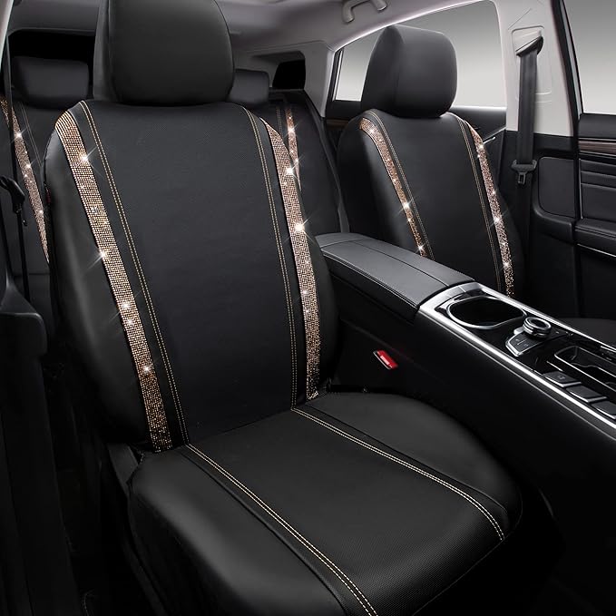CAR PASS Bling Diamond Car Seat Covers Full Sets, Shining Rhinestone Waterproof Faux Leather, with Zipper, Universal Fit Automotive Glitter Crystal Sparkle Strips Cute Women Girl, Champagne Gold