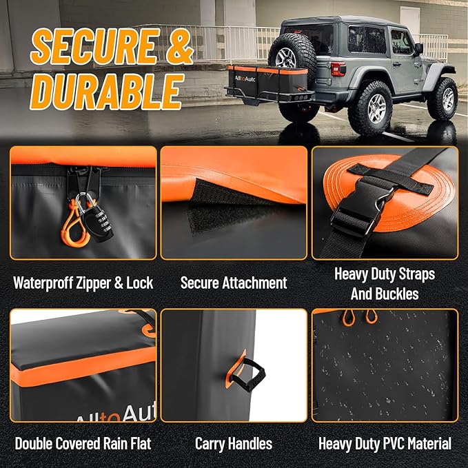 25 CuFt Waterproof Cargo Bag for Hitch Carrier | 60"x24"x31" Trailer Hitch Cargo Carrier | Weatherproof Truck Bed Storage with Straps, Lock & Carry Case | PVC Vehicle Soft-Shell Carriers