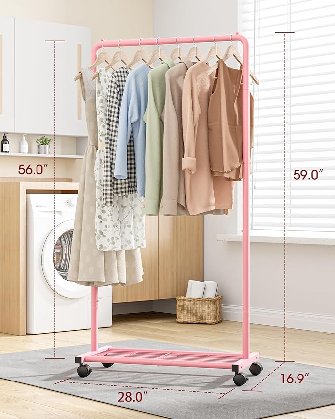 Sakugi Clothes Rack - Clothing Rack with Storage Mesh Shelf & Casters, Heavy-Duty Metal Clothing Rack for Hanging Clothes, Dr