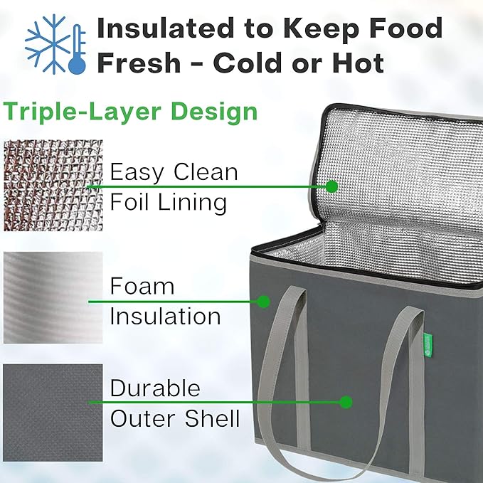 Creative Green Life XL Insulated Reusable Grocery Bags (2-Pack) - Premium Quality Cooler Bags with Hard Bottom Insert, Stands