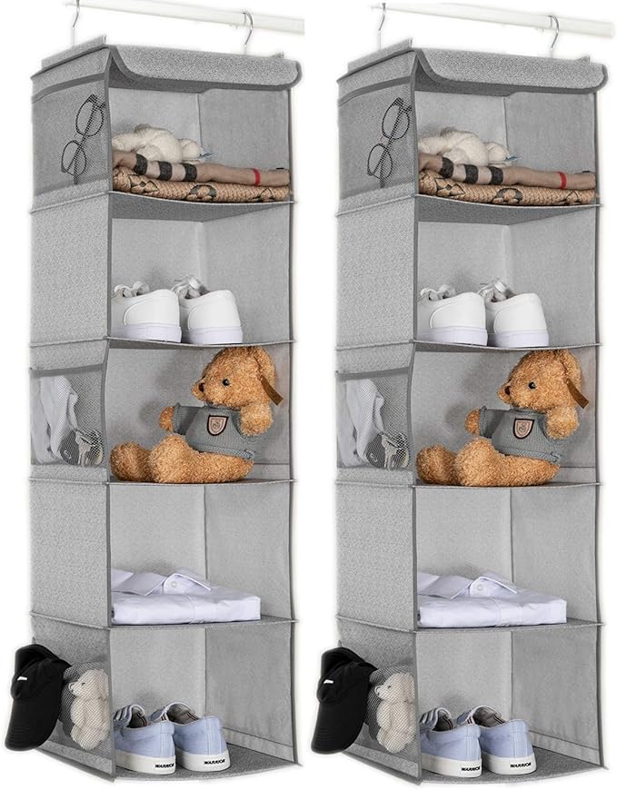 BrilliantJo 5 Shelves Hanging Closet Organizer, 2 Pack Hanging Storage with 6 Side Pockets for Clothes Bags, 43"x12"x12"(Ligh