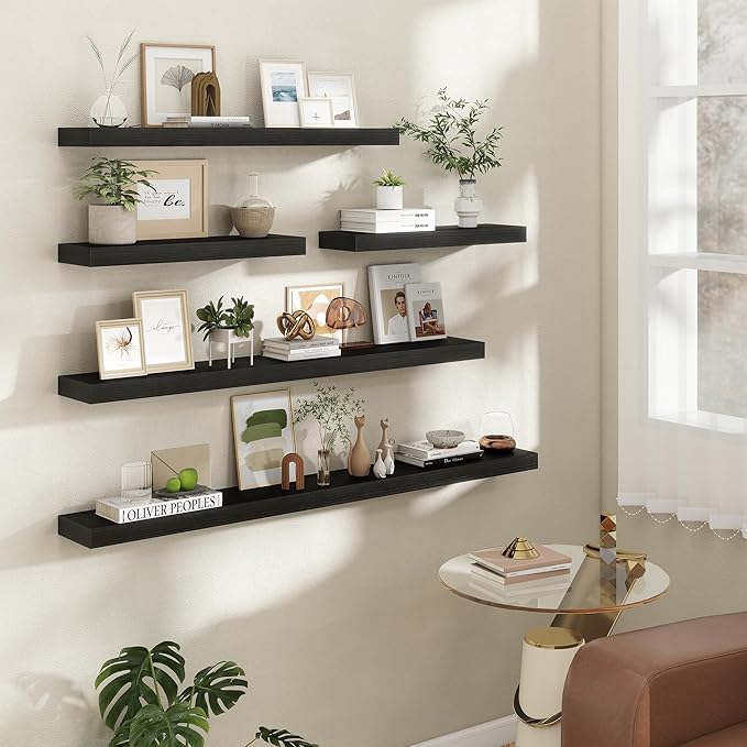 40 Inch Floating Shelves | 6.5 Inch Deep Black Floating Shelves Set of 2 | 40" W x 6.5" D Rustic Black Wood Wall Shelves with