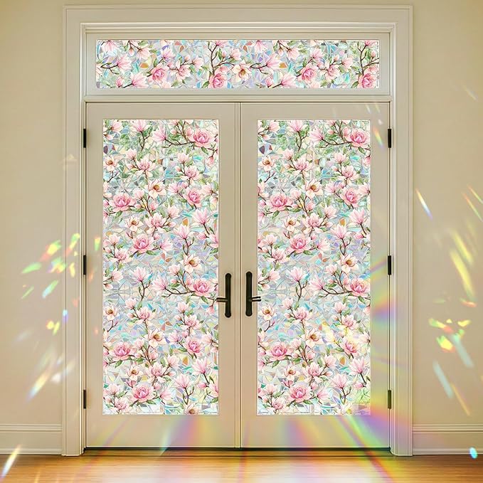 Pink Magnolia Window Privacy Film Rainbow Film Decorative, 3D Static Stained Glass Window Cling for Glass Door Room Wedding Valentines Stickers, 16.9" x 39.4"