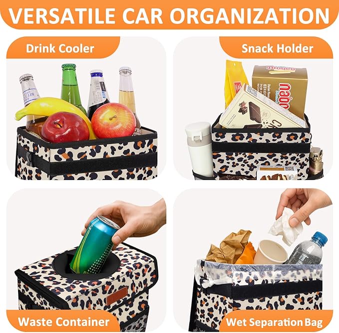 Cute Car Trash Can, Car Accessories for Women Interior Can Trash Bag Hanging Automotive Garbage Cans Leopard Pattern